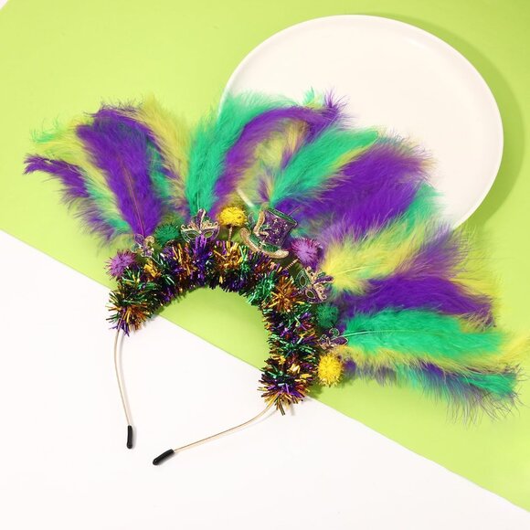 Mardi Gras Headband Women Feather Sparkly Tinsel Festive Parade Accessory - Picture 6 of 9